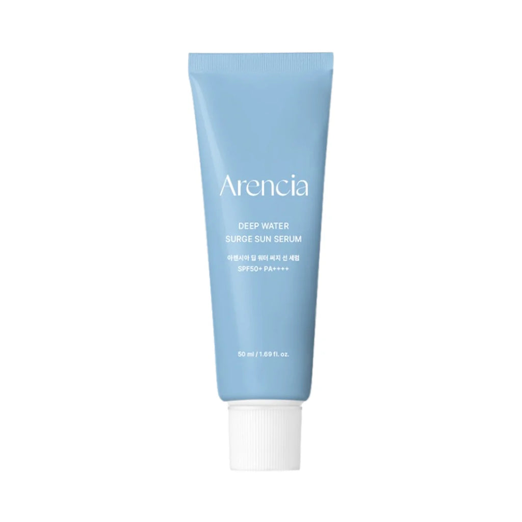 A light blue squeeze tube of Arencia Deep Water Surge sun Serum with a white cap, centered on a plain white background.