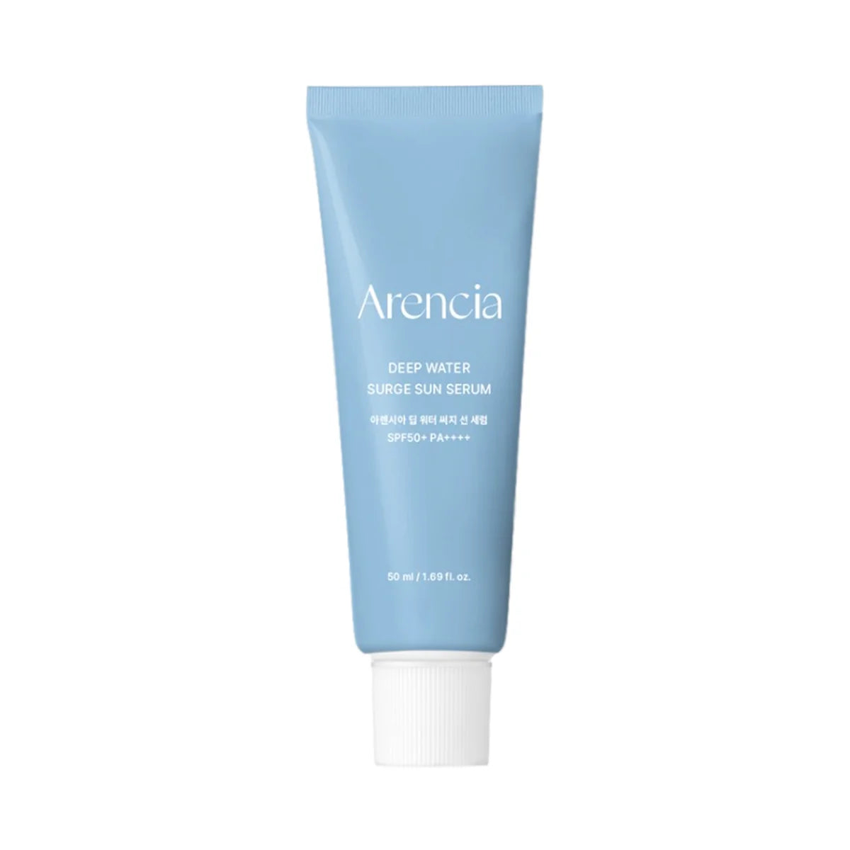 A light blue squeeze tube of Arencia Deep Water Surge sun Serum with a white cap, centered on a plain white background.