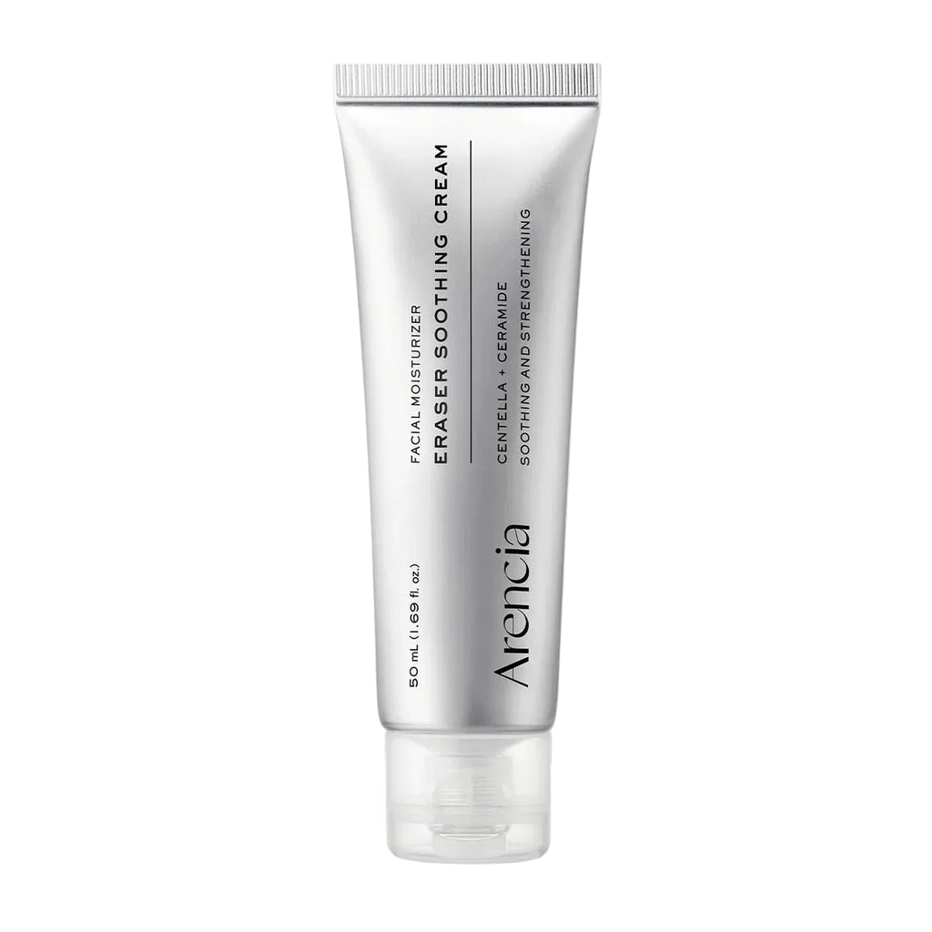 A 30 mL squeeze tube of Arencia Eraser Soothing Cream, shown upright against a white background with a soft, circular white texture behind it.