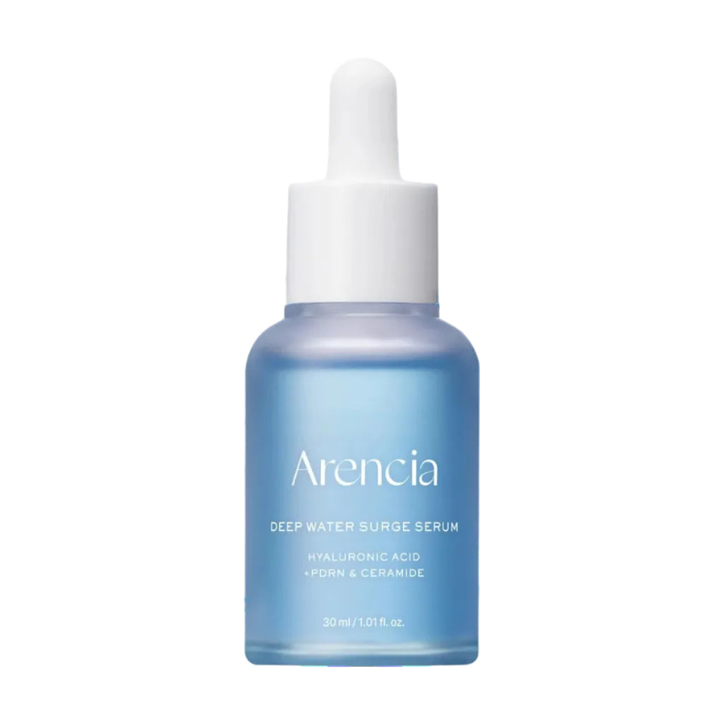 Arenicia deep water surge serum bottle with dropper on a light blue background