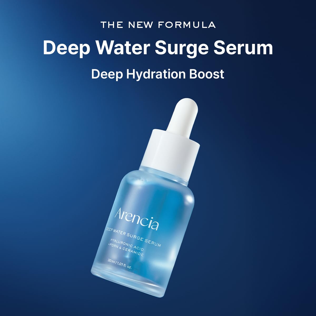 Blue serum bottle with dropper labeled 'Arencia Deep Water Surge Serum' on a dark blue background