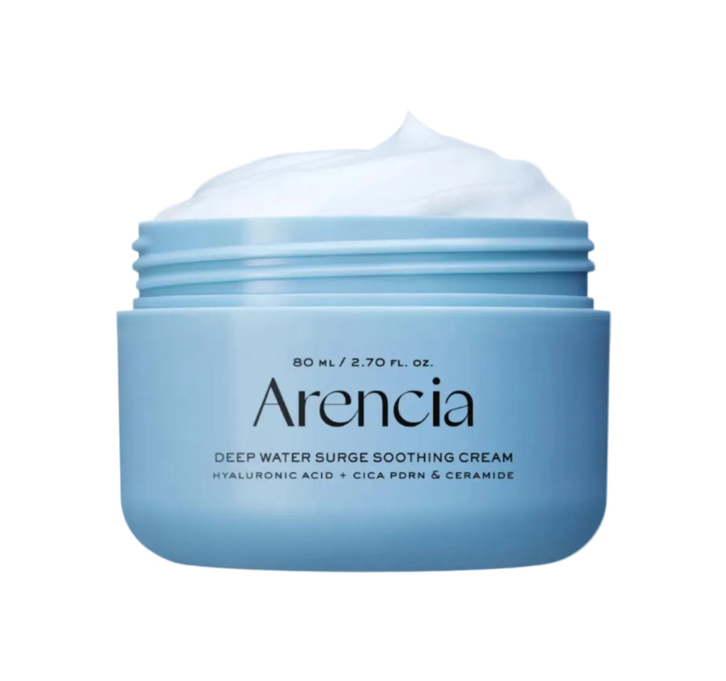 An open jar of Arencia Deep Water Surge Soothing Cream, showing a light blue container with white cream inside, on a solid white background.
