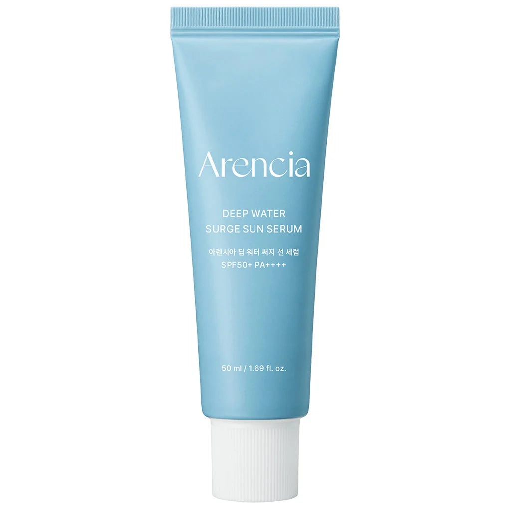 A light blue squeeze tube of Arencia Deep Water Surge Sun Serum with a white cap, centered on a plain white background.