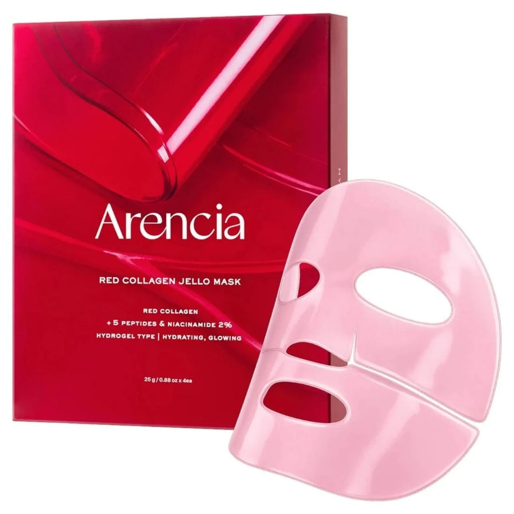 Arencia Red Collagen Jello Mask shown with its red packaging box and a translucent pink sheet mask on a white background.