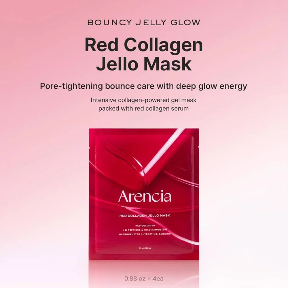 A single red skincare mask packet labeled 'Arencia Red Collagen Jello Mask' centered on a soft pink gradient background with product text above.