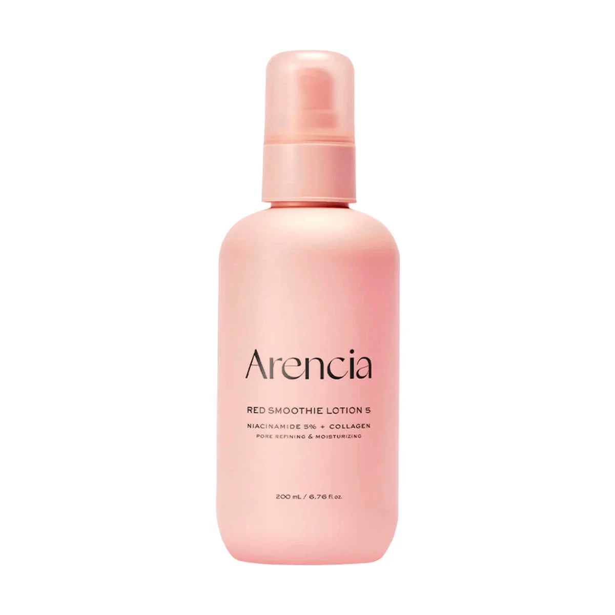 A pink bottle of Arencia Red Smoothie Lotion 5 on a solid white background.