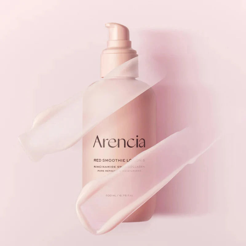 Pink bottle of Arencia Red Smoothie Lotion 5 on a soft pink background