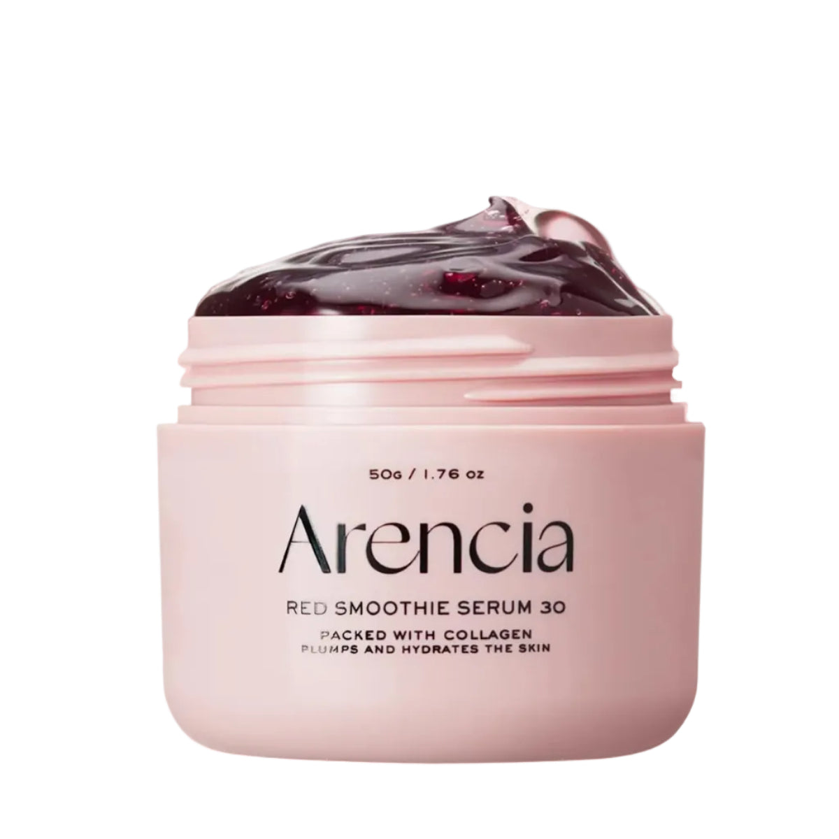Pink jar of Arencia Red Smoothie Serum 30 on a white background