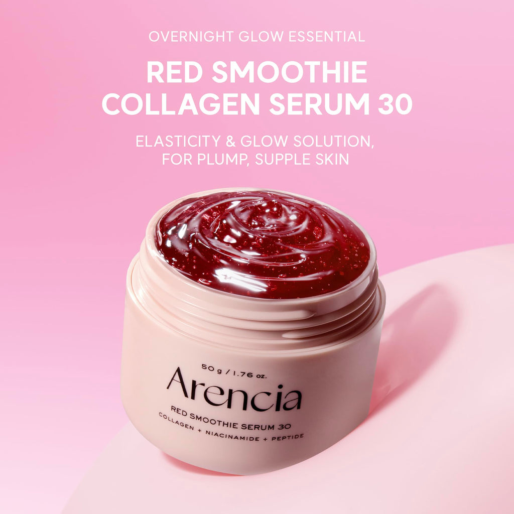 Arencia Red Smoothie Collagen Serum 30 jar on a pink background