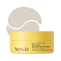 A yellow jar of Arencia Retinal Boosting Eye Mask with a matching yellow lid, shown against a white background with a translucent gray gel patch graphic behind it.