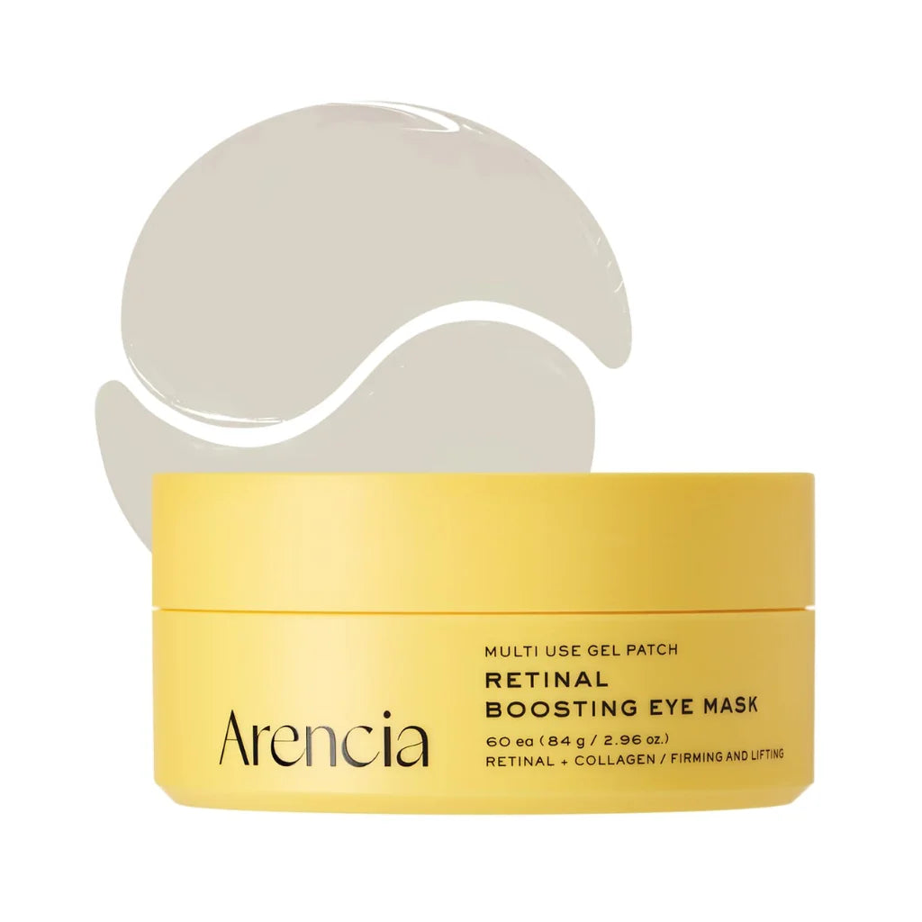 A yellow jar of Arencia Retinal Boosting Eye Mask with a matching yellow lid, shown against a white background with a translucent gray gel patch graphic behind it.