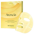 Arencia Vita Collagen Radiance Jello Mask packaging box in yellow next to a translucent pale yellow sheet mask on a white background.