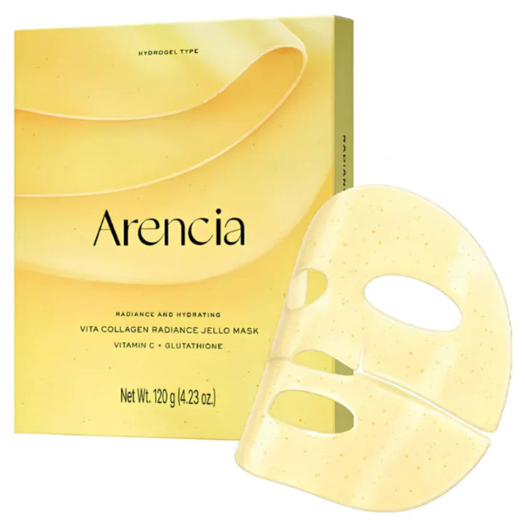 Arencia Vita Collagen Radiance Jello Mask packaging box in yellow next to a translucent pale yellow sheet mask on a white background.