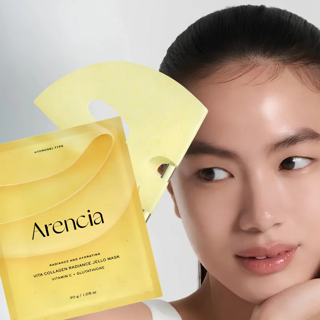 Woman wearing a Arencia Vita Collagen Radiance Jello Mask with a clear background