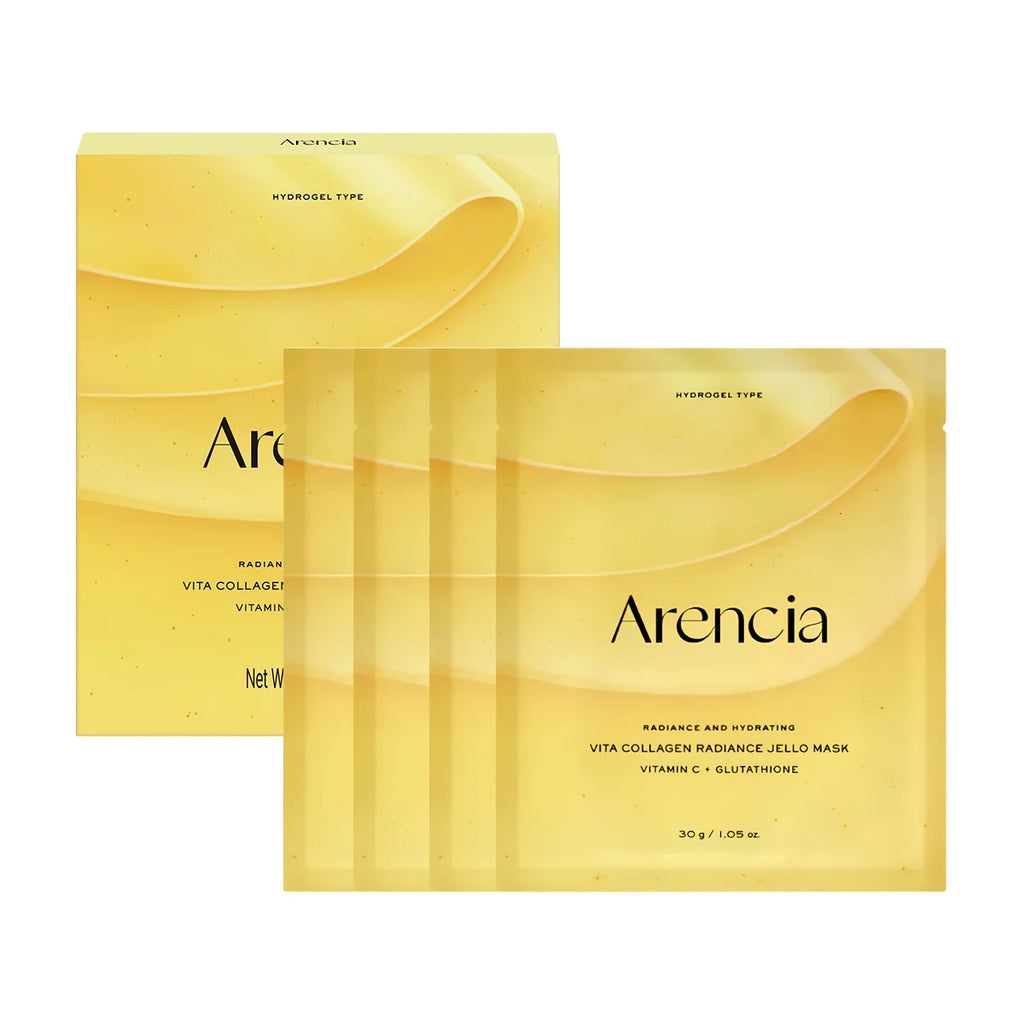 four yellow Arencia Vita Collagen Radiance Jello Mask packets arranged in front of their matching yellow packaging box on a white background.