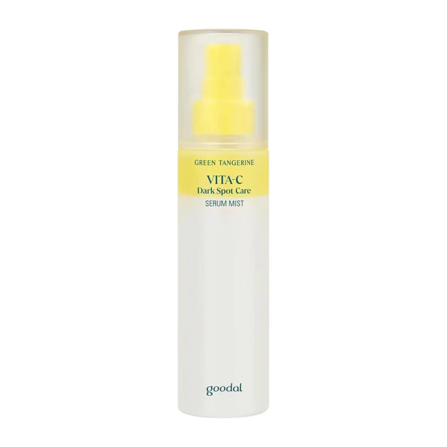 Goodal VITA-C Dark Spot Care Serum Mist in a frosted white cylindrical bottle with a bright yellow spray top and a yellow label band.