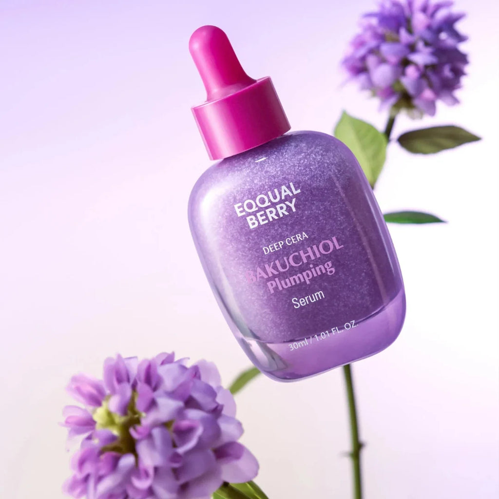 EQQUALBERRY Bakuchiol Plumping Serum 30 ml bottle with pink dropper labeled 'Equal Berry' against a light purple background with flowers.