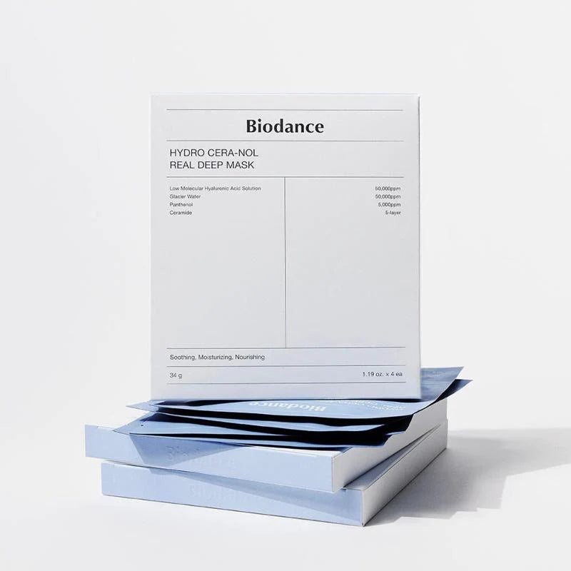 A stack of Biodance Hydro Cera-nol Real Deep Mask with light blue lower edges on a clean white background. The top box is upright and reads 'Biodance' and 'Hydro Cera-Nol Real Deep Mask.