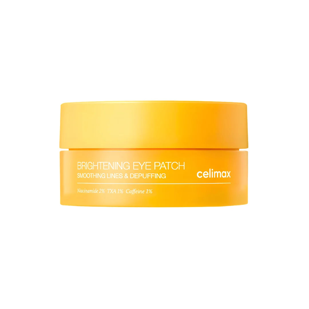 A bright yellow cosmetic jar of celimax Brightening Eye Patch on a solid white background.