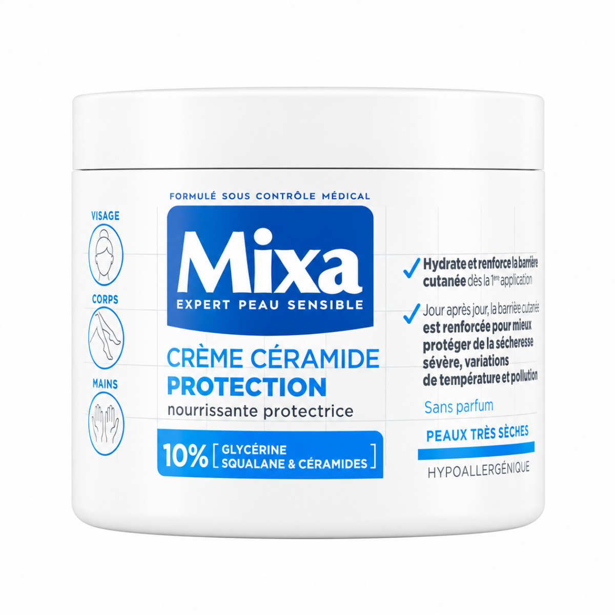 A white plastic jar of Mixa Ceramide Protection Cream, featuring blue and white text and icons on the front label.