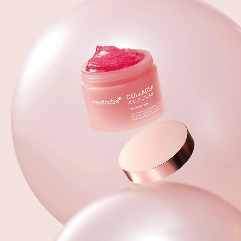 Medicube Collagen Jelly Cream jar with visible brand name on a light pink background