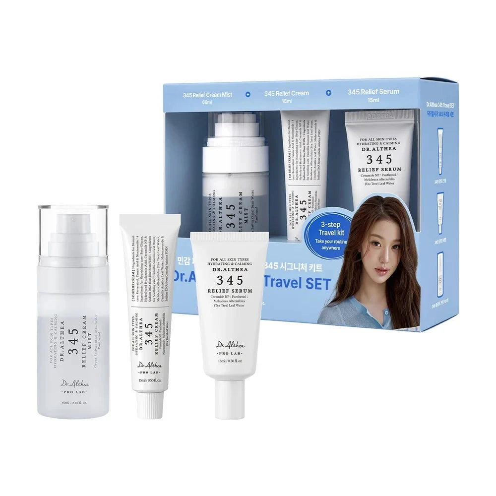 Dr. Althea 345 Travel Set featuring Relief Cream Mist, Relief Cream, and Relief Serum in a blue gift box, designed for hydrating and soothing skincare on the go.