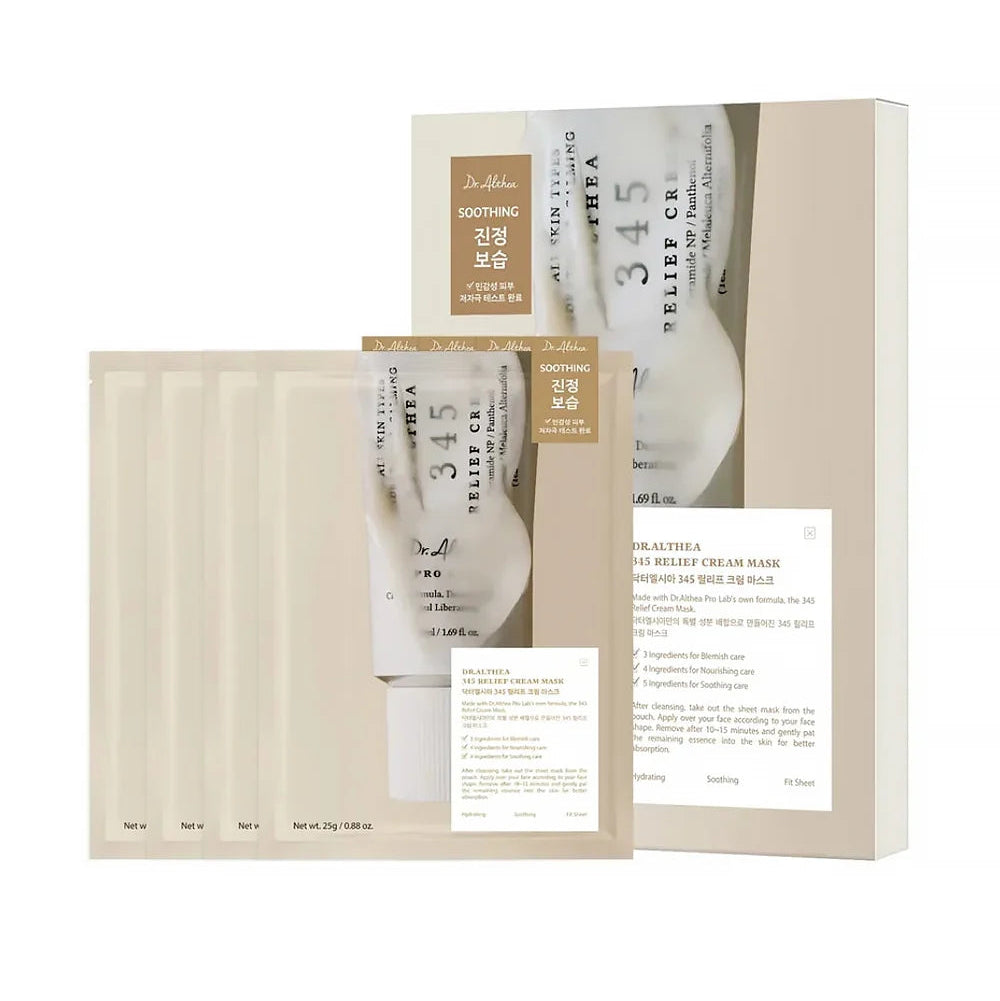 Set of 4 Dr. Althea 345 Relief Cream Beauty Mask set, featuring a beige outer box, a tube of cream, and four individual mask sachets arranged neatly on a clean white background.