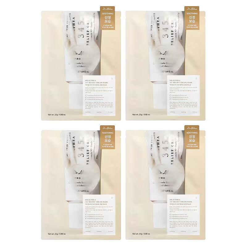 Set of 4 Dr. Althea 345 Relief Cream Beauty Mask packages with text on a white background