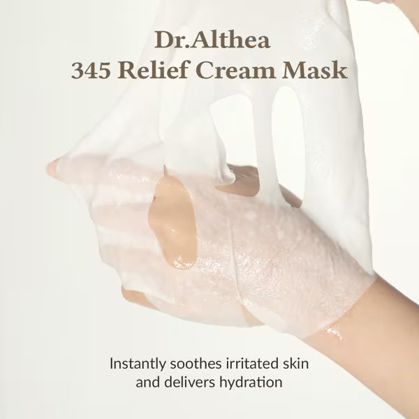 Dr. Althea 345 Relief Cream Mask being applied to a hand with text about its benefits.
