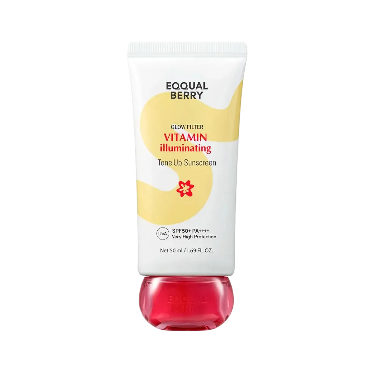 EqqualBerry Tong Up Sunscreen tube with a white body, yellow graphic, red text, and a translucent pink-red cap, shown on a plain white background.