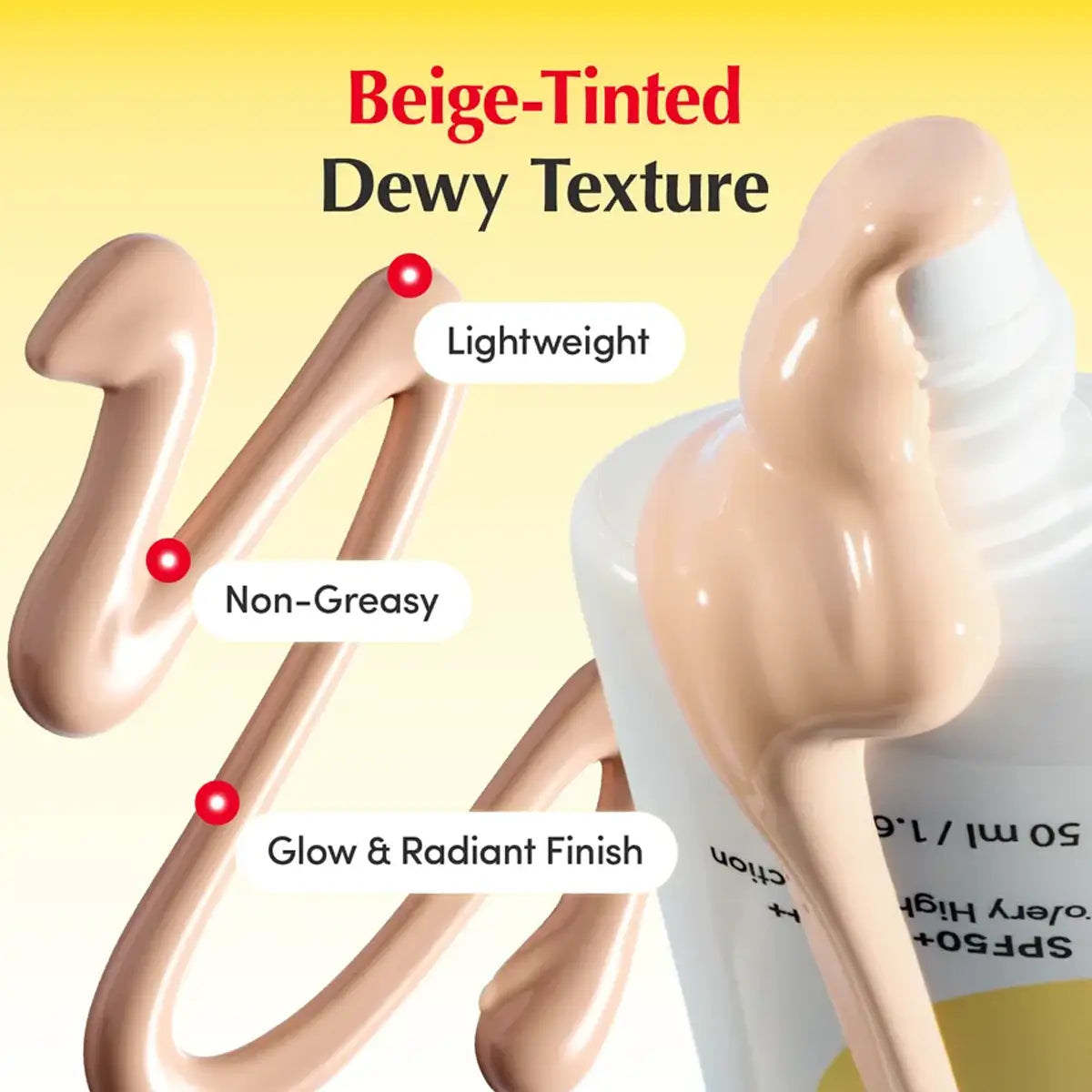 A close-up promotional graphic for EQQUALBERRY Vitamin Illuminating Tone Up Sunscreen with a beige-tinted dewy texture liquid, showing glossy beige product swirled around a white spray bottle. Text highlights lightweight, non-greasy, and glow-radiant finish on a pale yellow background.