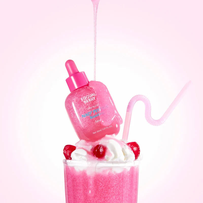 EQQUALBERRY NAD + Peptide Boosting Serum next to a pink milkshake with whipped cream and cherries on a white background.