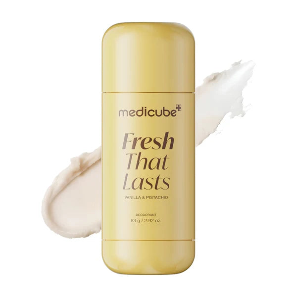 Medicube Fresh That Lasts deodorant stick in a pale yellow container, shown against a white background with a cream swipe behind it.