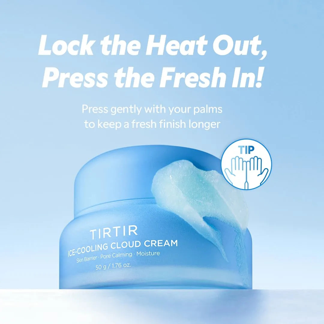 TIRTIR Ice-Cooling Cloud Cream jar in a light blue gradient container with a translucent icy cream scoop on top, set against a light blue background with promotional text and a hand-tip icon.