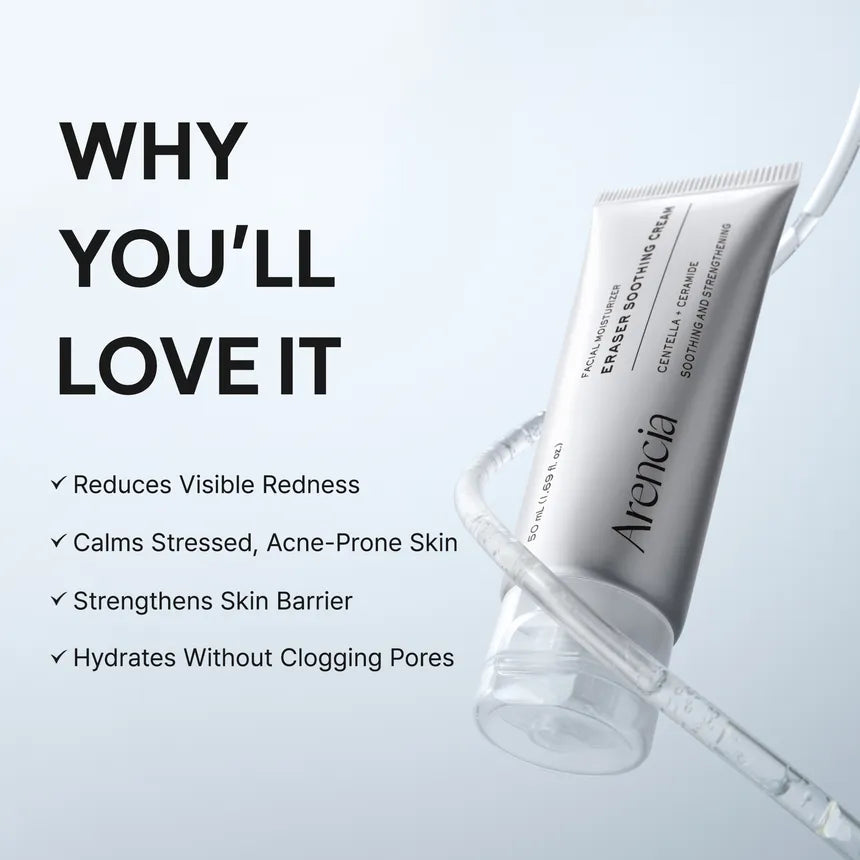Arenicia Eraser Soothing Cream with text highlighting benefits on a light gray background