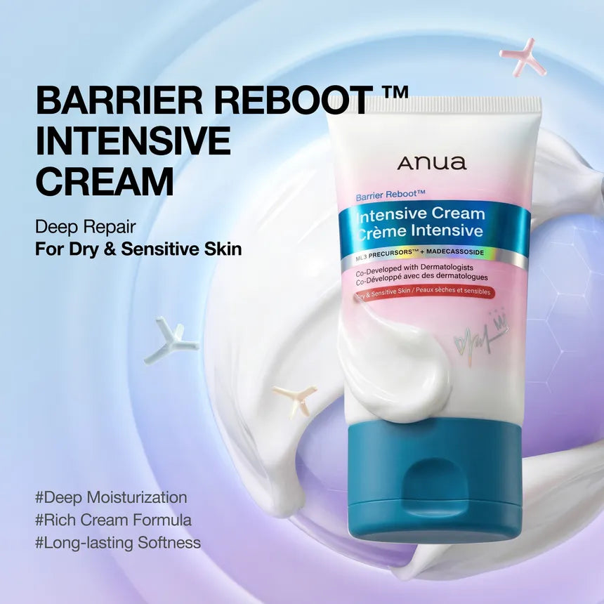 Anua - Kpop Demon Hunter Barrier Intensive Creamtube shown on a stylized blue and lavender background with cream swirl graphics and product text.