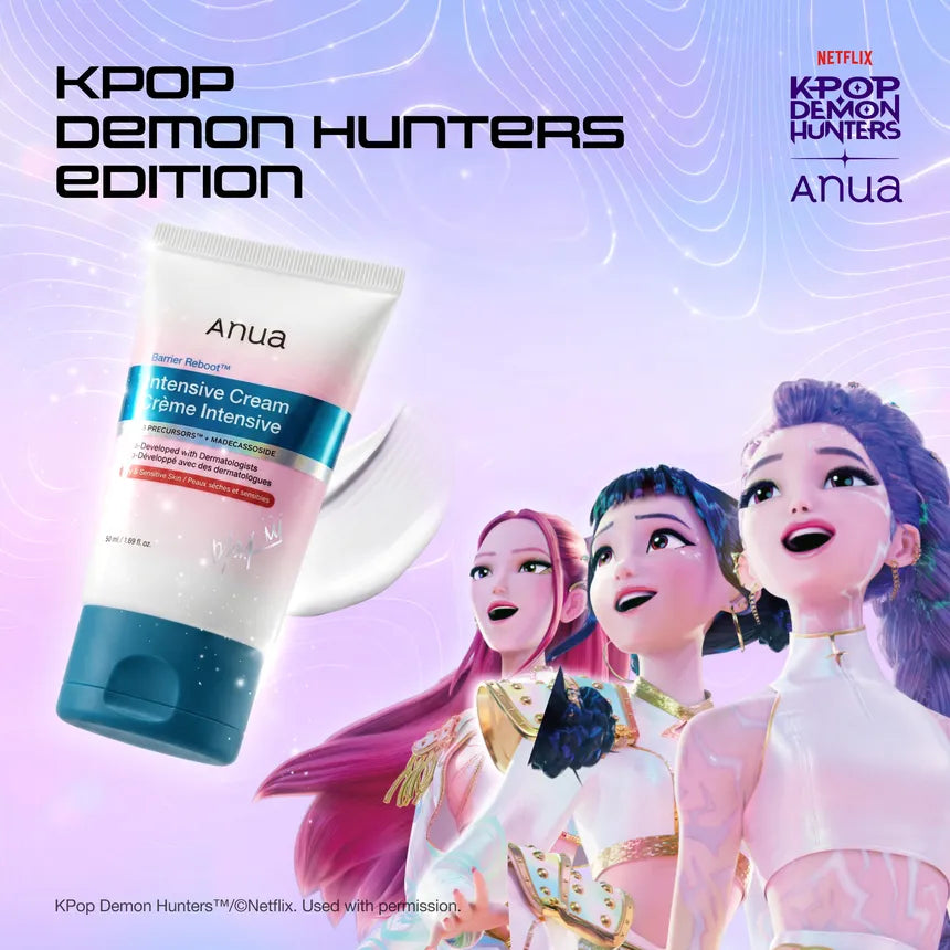 Anua - Kpop Demon Hunter Barrier Intensive Cream tube shown in a promotional graphic for KPop Demon Hunters Edition, alongside Netflix and KPop Demon Hunters + Anua branding, with illustrated characters on a pastel purple background.