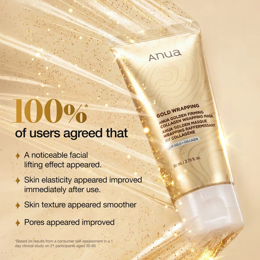 Anua Anna Golden Wrapping Mask collagen wrapping mask tube on a gold glittery background with promotional text about user feedback.