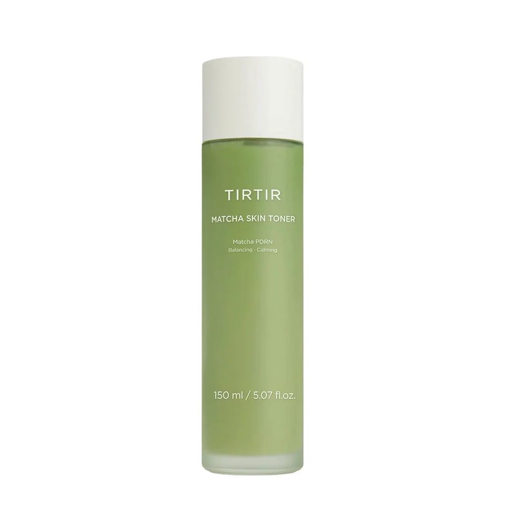A 150 ml bottle of TIRTIR Matcha Skin Toner with a frosted green body and a white cap, shown on a solid white background.