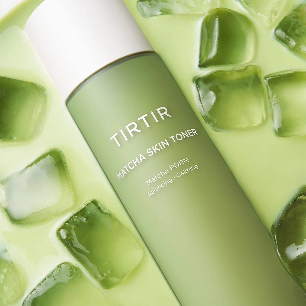 Tirtir Matcha Skin Toner 150ml bottle with green tea cubes in the background