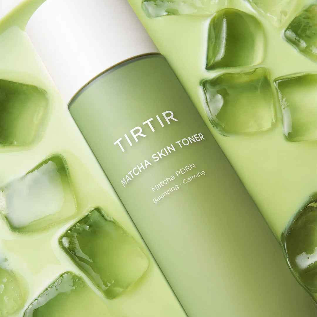 Tirtir Matcha Skin Toner 150ml bottle with green tea cubes in the background