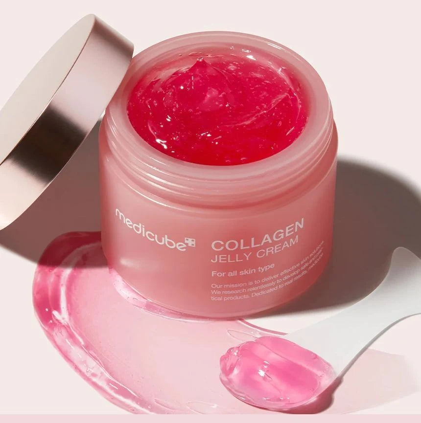 Pink jar of Medicube Collagen Jelly Cream on a white background
