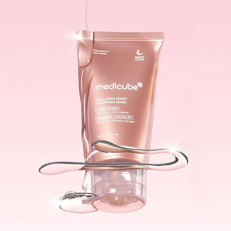 Medicube collagen night wrapping mask with applicator on a pink background