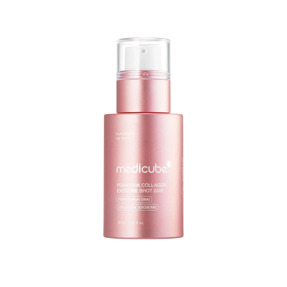 A pink Medicube skincare pump bottle labeled 'Pink Pink Collagen Exosome Shot 2000' with a clear cap, set against a soft pink circular backdrop on a white background.