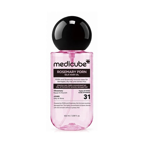 Medicube Rosemary PDRN Silk Hair Oil in a clear bottle with pink liquid, a black cap, and a black label, shown on a white background.