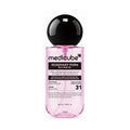 Medicube Rosemary PDRN Silk Hair Oil in a clear bottle with pink liquid, a black cap, and a black label, shown on a white background.