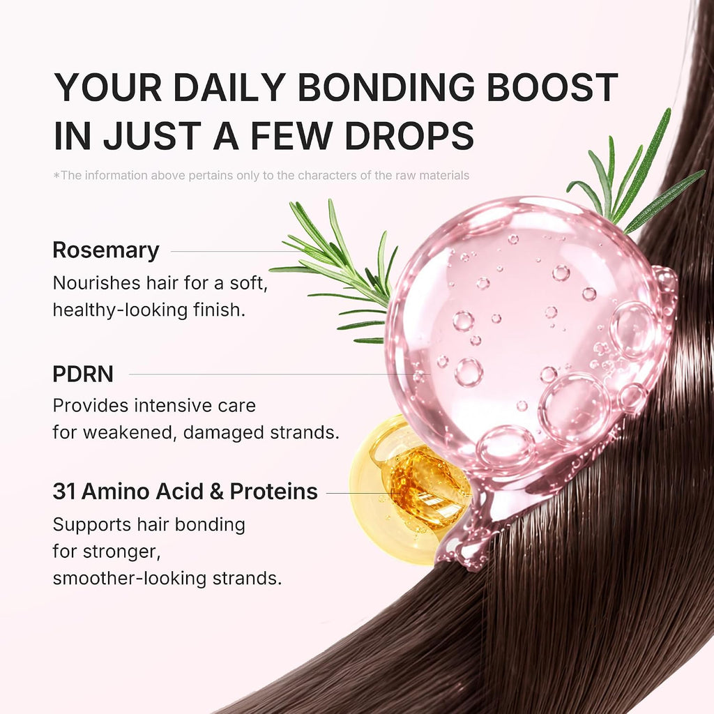 Promotional graphic of Medicube Rosemary PDRN Silk Hair Oil  for a hair bonding treatment dropper. The image features a pink dropper bottle filled with a translucent pink liquid, positioned over a strand of dark brown hair with rosemary and a lemon slice illustration.