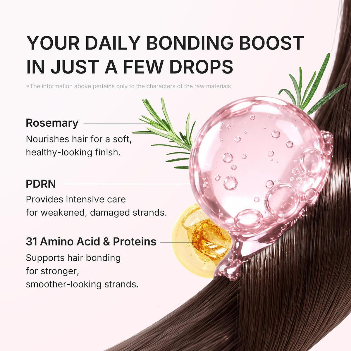 Promotional graphic of Medicube Rosemary PDRN Silk Hair Oil  for a hair bonding treatment dropper. The image features a pink dropper bottle filled with a translucent pink liquid, positioned over a strand of dark brown hair with rosemary and a lemon slice illustration.