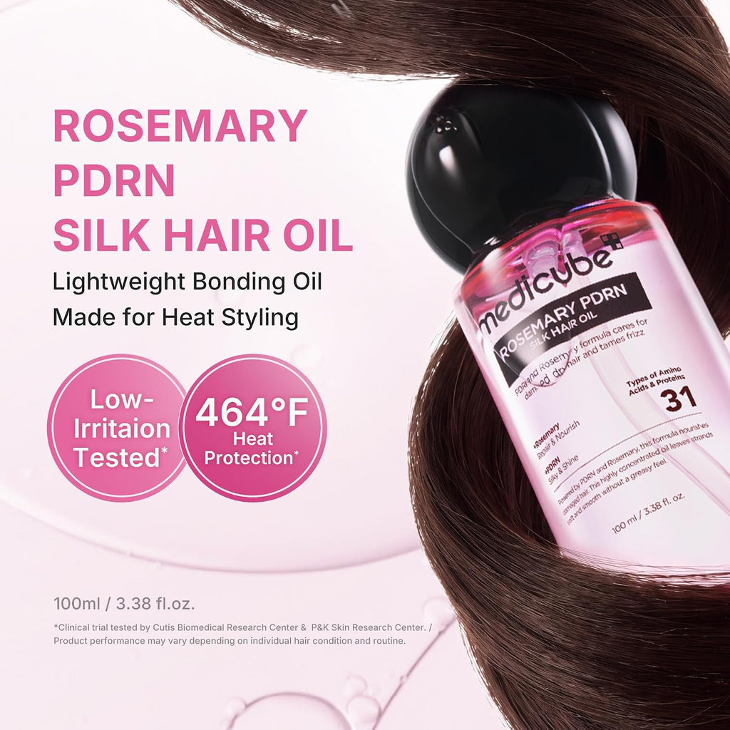 Medicube Rosemary PDRN Silk Hair Oil bottle shown with flowing dark brown hair on a pale pink background. Text highlights lightweight bonding oil, heat styling use, low-irritation testing, and 464°F heat protection.