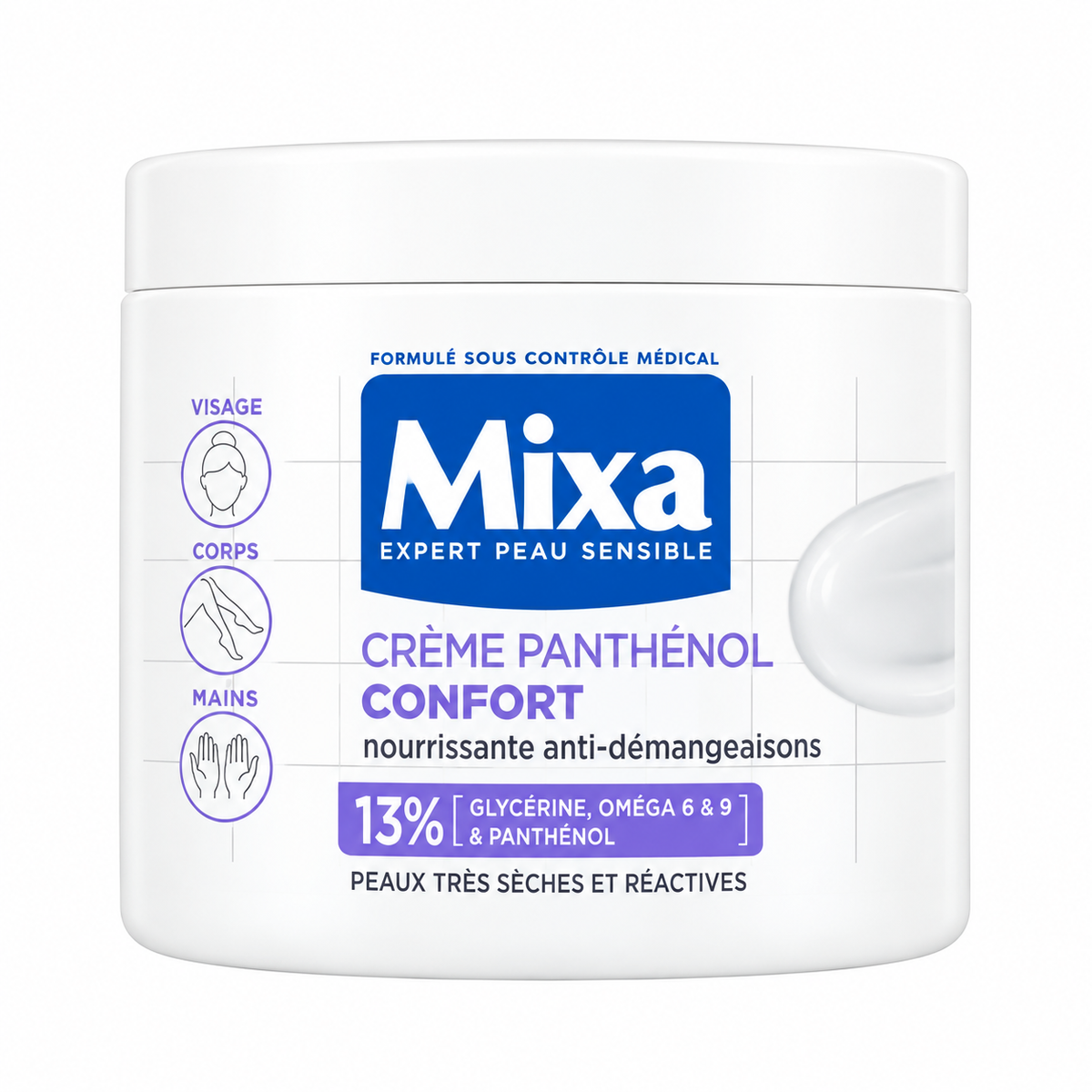 A white plastic jar of Mixa Panthenol Comfort Cream with a white lid, featuring a blue and purple label with product details and a small clear gel swatch on the right side, set against a plain white background.